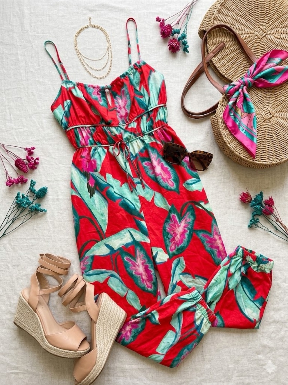 FARM Rio Red Tropical Floral Jumpsuit with Mint Green Leaves